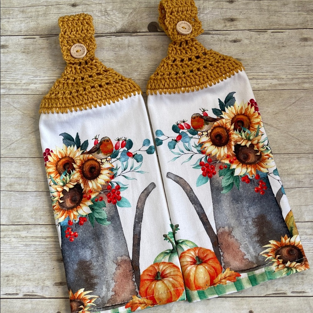 Crochet Top Sunflowers Hanging Towel Set of Two Single Thickness Fall Yellow